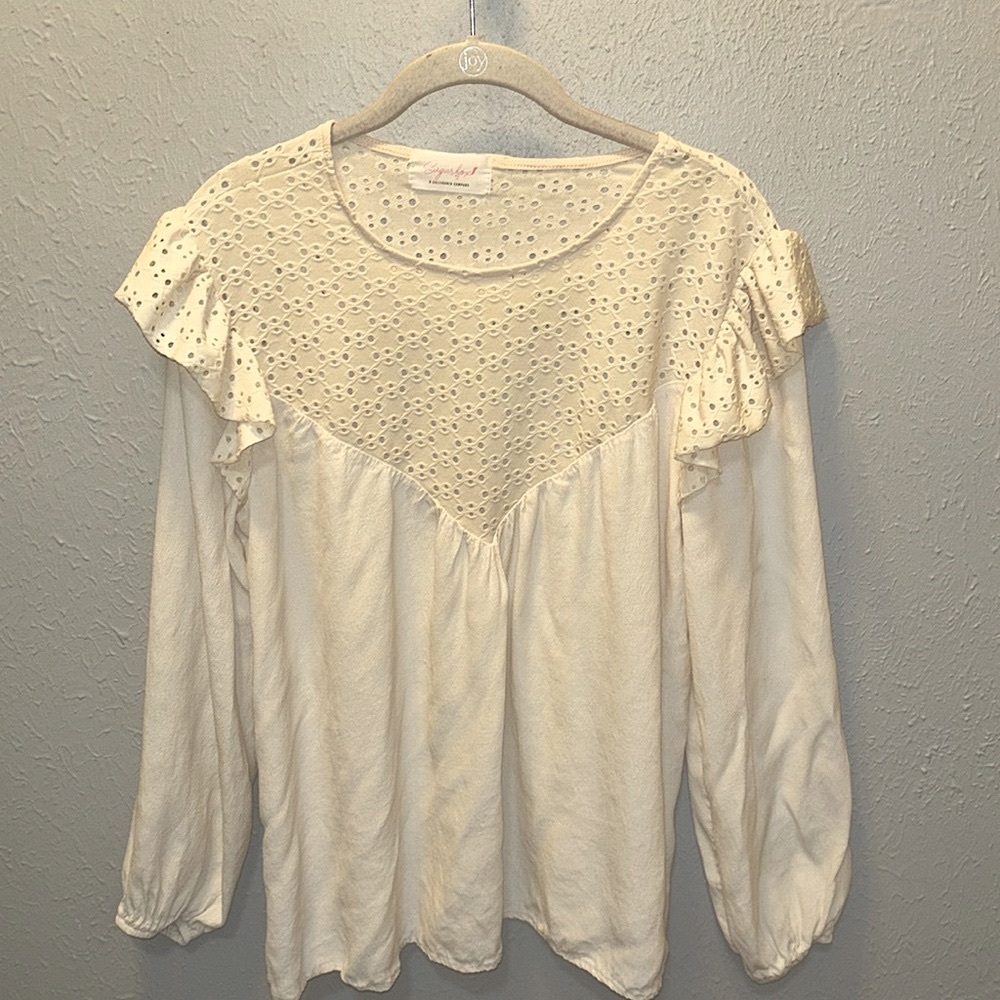 "Sugarfox Ivory Eyelet Ruffle Top Blouse Long Sleeve Women’s Size Small